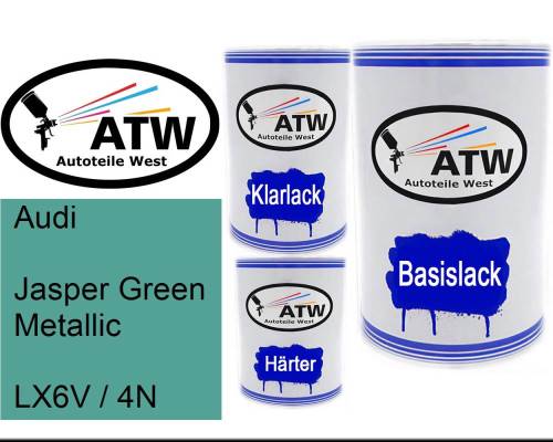 Audi, Jasper Green Metallic, LX6V / 4N: 500ml Lackdose + 500ml Klarlack + 250ml Härter - Set, von ATW Autoteile West.